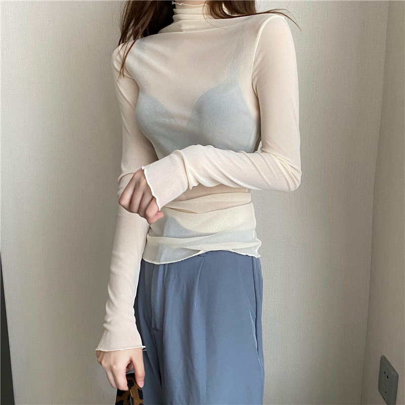 Slim-fit turtleneck inner long-sleeved lace bottoming shirt Women's thin mesh top autumn and winter black wooden ear gauze shirt Women