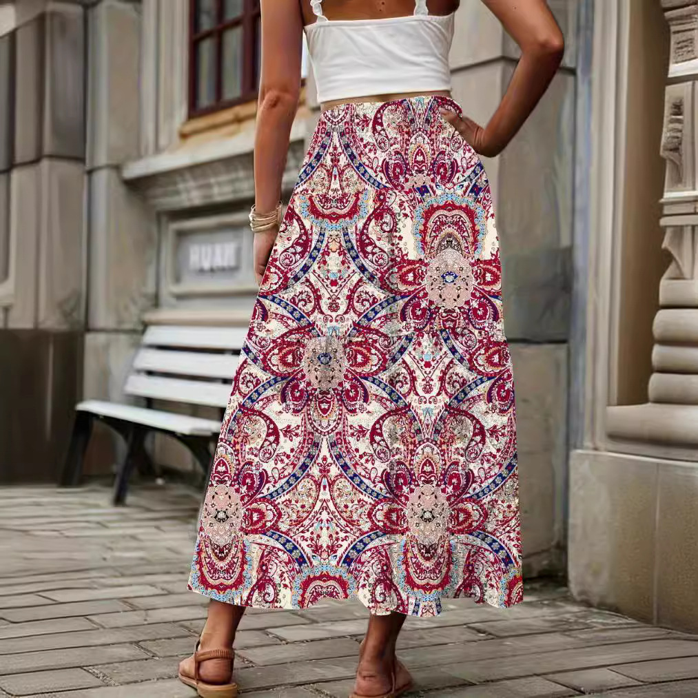 Long New Women's Clothing with a Fresh Forest Style, Floral Print, Casual, Versatile, Slim Fit, Pleated, High-Waisted Skirt