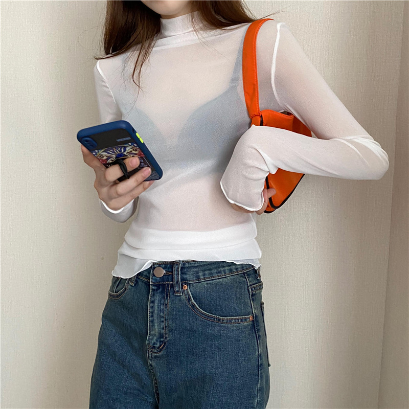 Slim-fit turtleneck inner long-sleeved lace bottoming shirt Women's thin mesh top autumn and winter black wooden ear gauze shirt Women