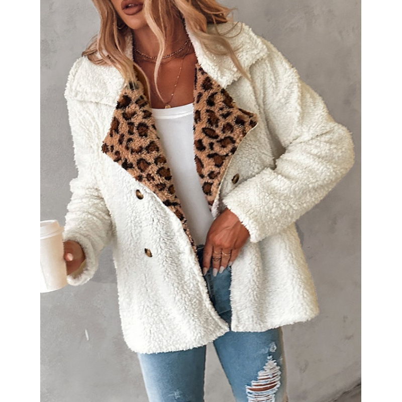 2026 Amazon Aliexpress New Leopard Print Spliced Lapel Long-Sleeved Furry Cardigan Jacket 9281