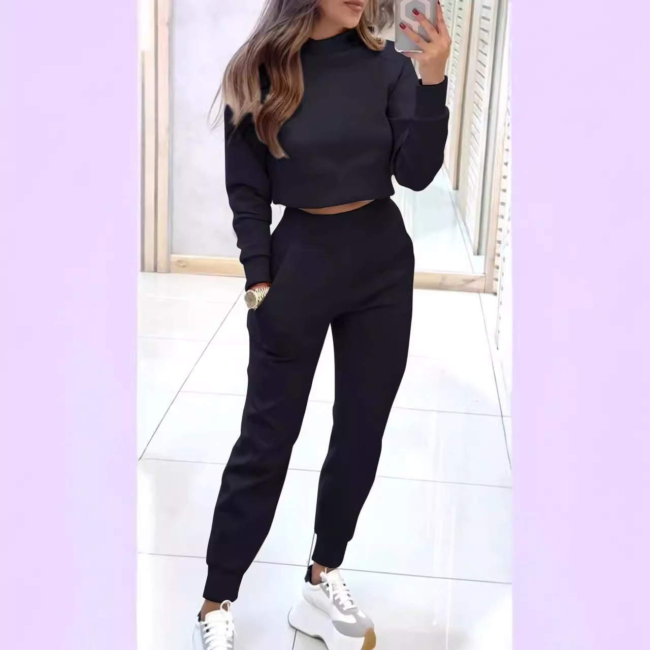 2026cross-border independent station Europe and the United States foreign trade new_autumn and winter ladies high collar slim long sleeve leisure suit
