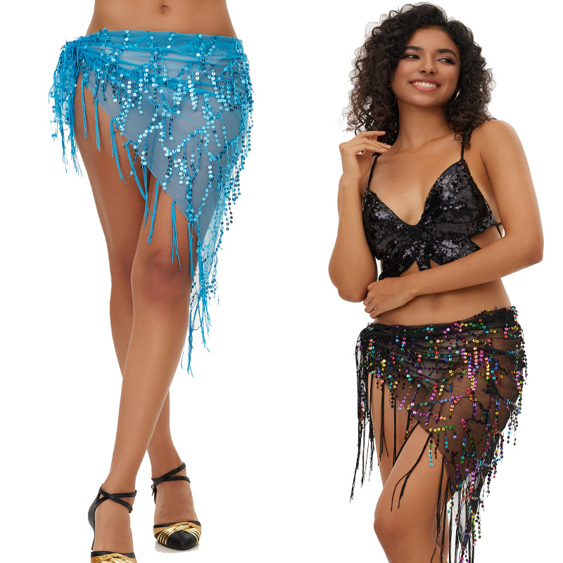 2026New Belly Dance Waist Chain Hip Towel Mesh Sequins Oriental Dance Triangle Towel Tassel Practice Belt Waist Towel Women